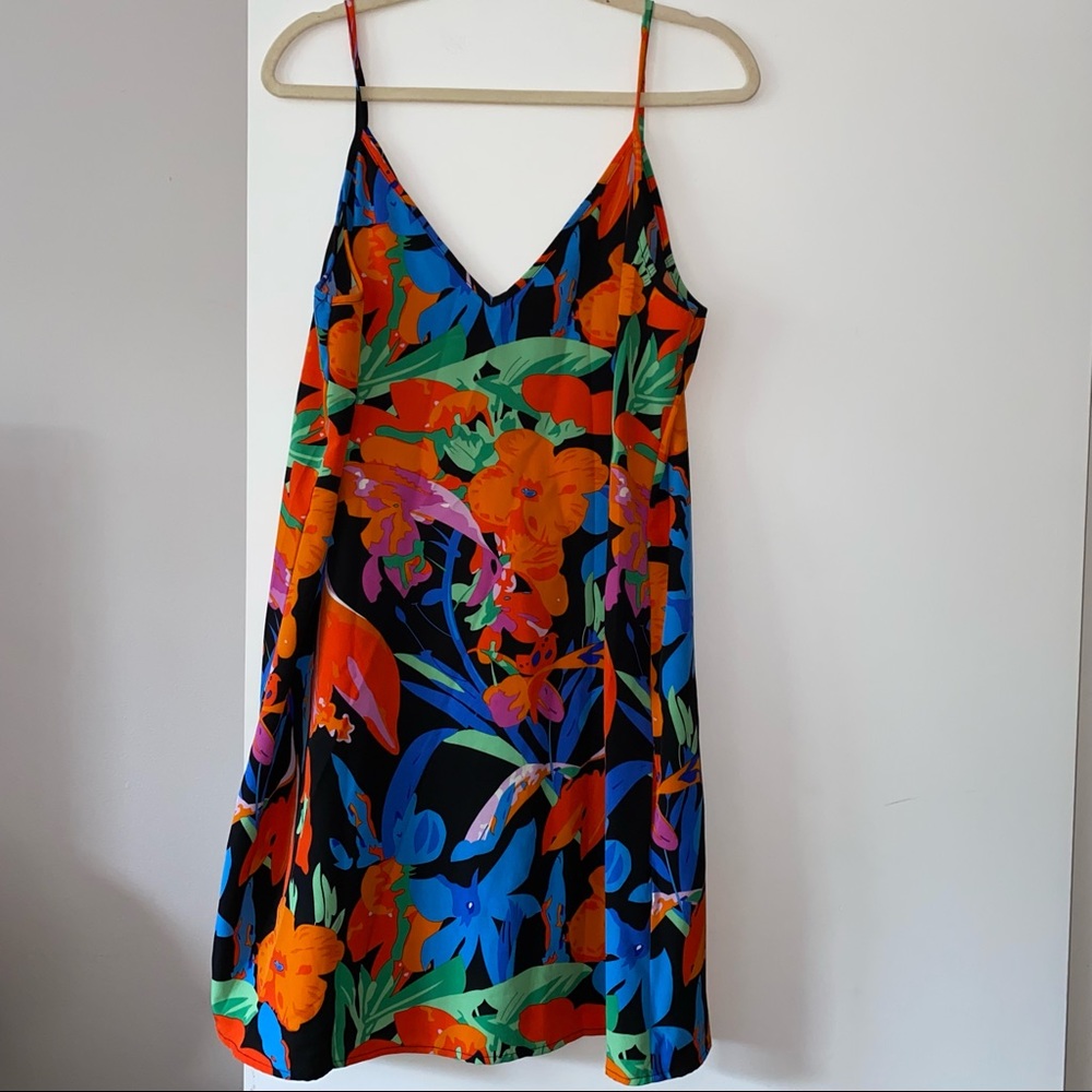Tropical Floral Vneck Spaghetti Strap Chiffon Slip Shift Dress